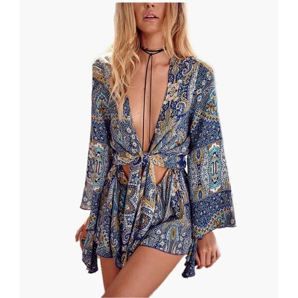 Boho Blue Paisley Printed V-Neck Tie Waist Cut Out Romper Playsuit Dress - Picture 6 of 7